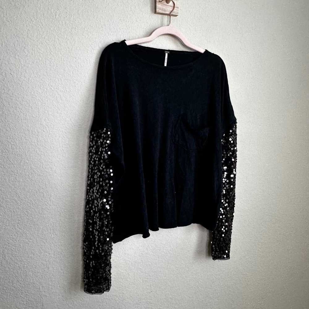 Free People Washed Black Sequin Sleeve Long Sleeve Top Small Pocket Crew Neck